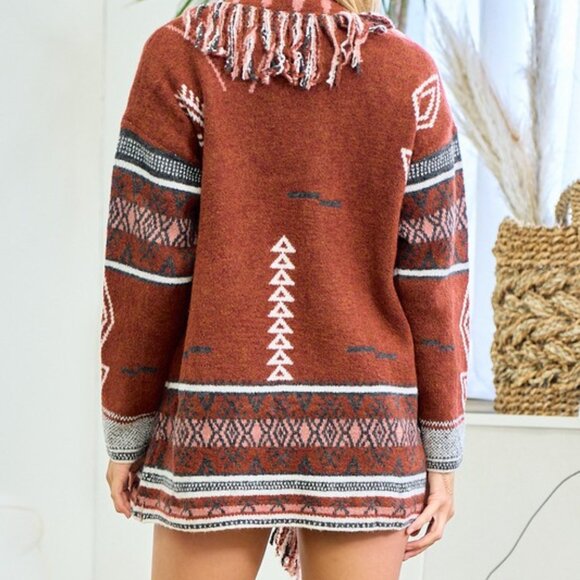 bohemian Fringe Sweater Coat Aztec Print Cardigan, Western Boho Jacket - Picture 7 of 7